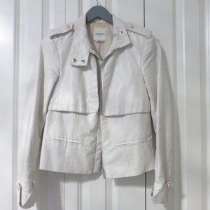 BEBE off white zip up faux leather jacket with light shoulder pads